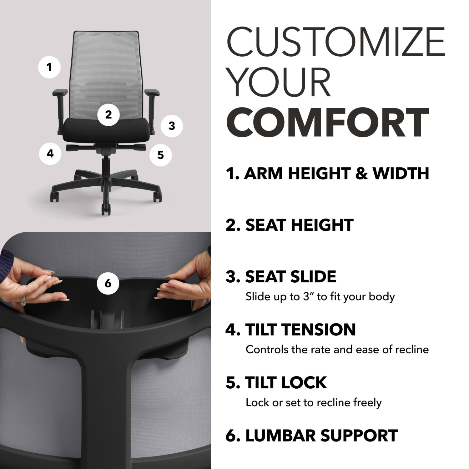 HON Ignition 2.0 Ergonomic Mesh/Fabric Mid-Back Task Chair, Black/Fog - Image 4