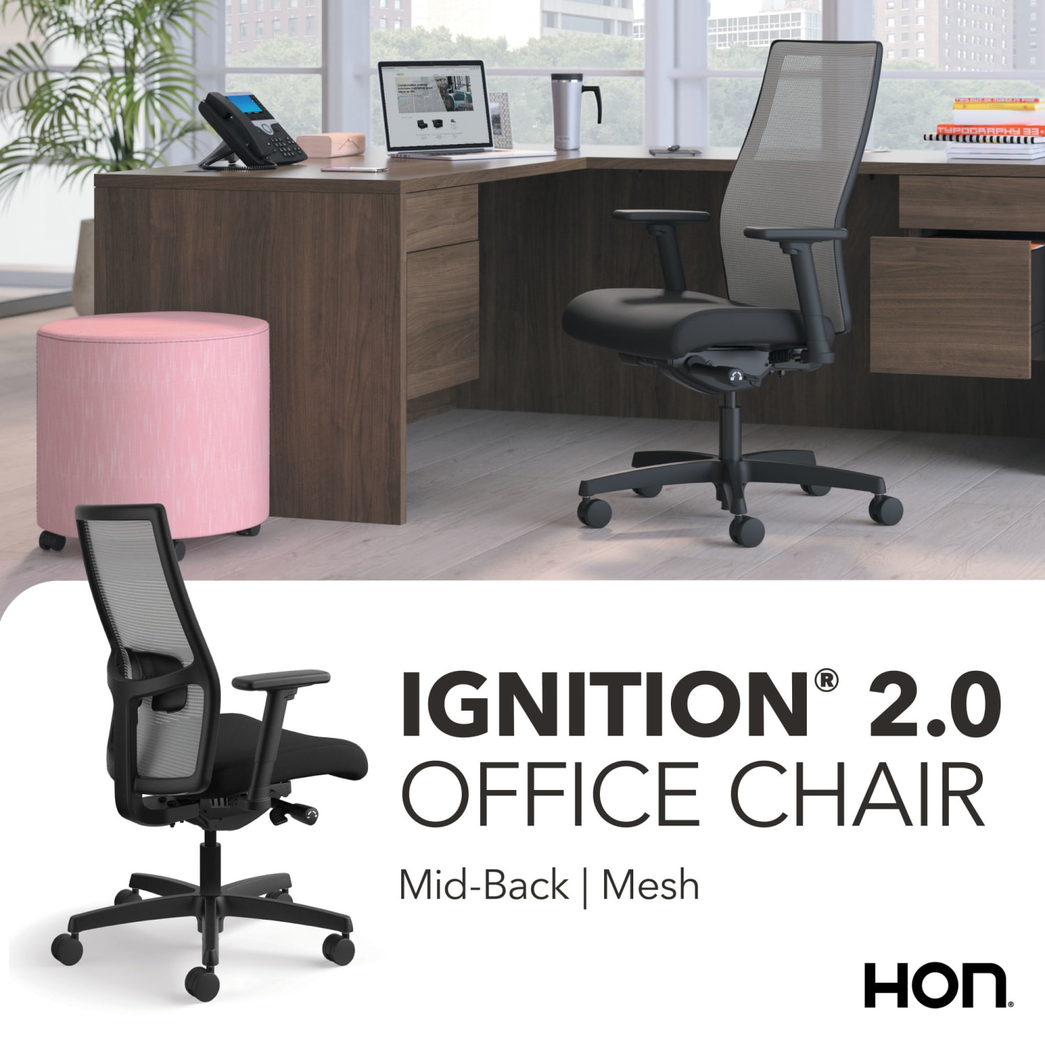 HON Ignition 2.0 Ergonomic Mesh/Fabric Mid-Back Task Chair, Black/Fog - Image 8
