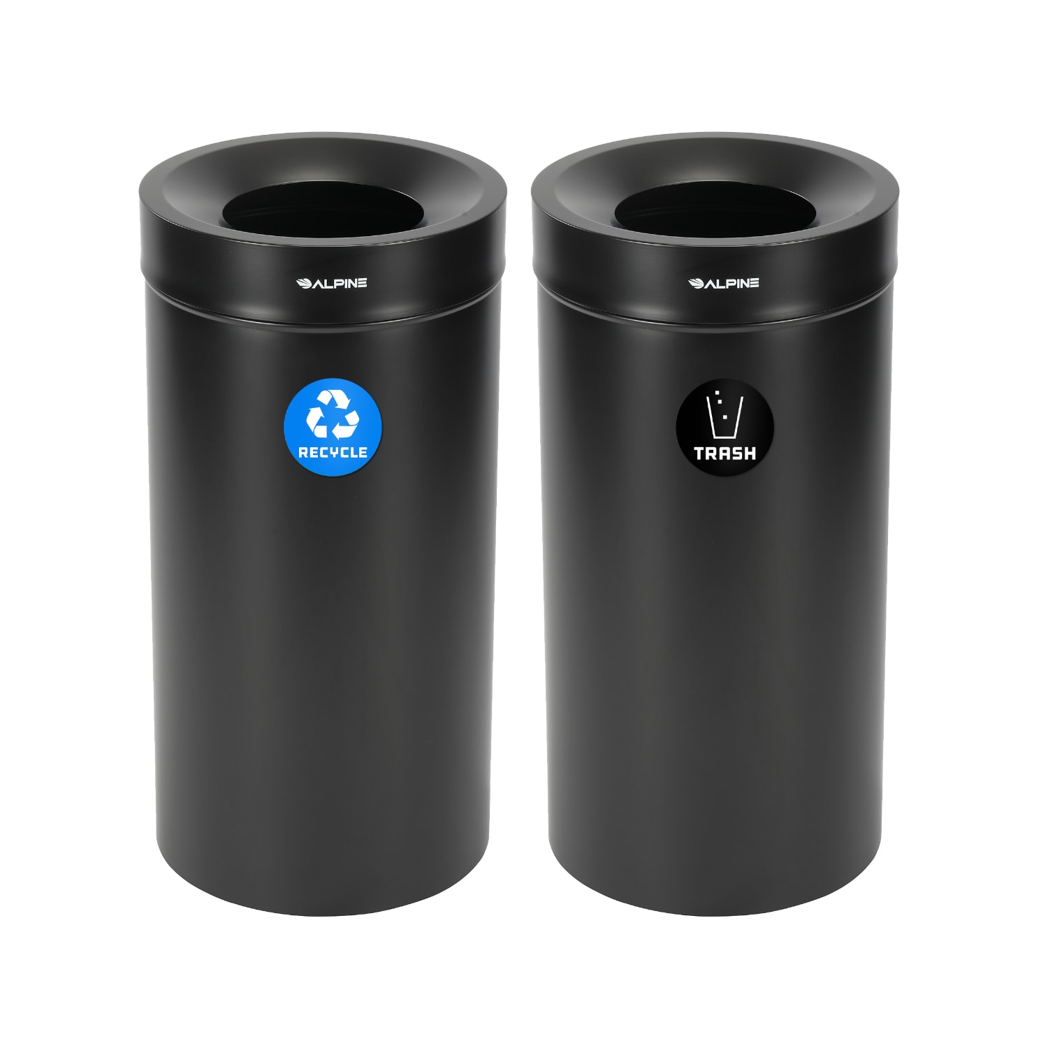 Alpine Industries Stainless Steel Recycling And Trash Cans, 27 Gallon, Black, Set Of 2 Cans
