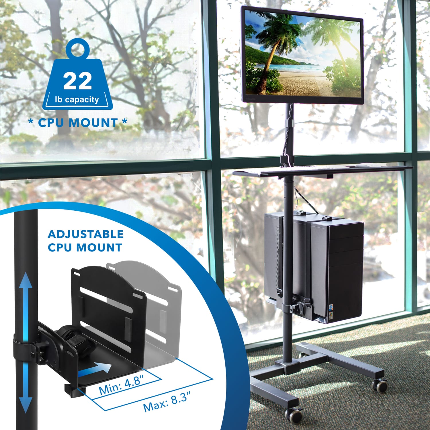 Mount-It! MI-7948 Rolling Computer Cart, 70inH x 25-3/4inW x 19-5/8inD, Black - Image 6