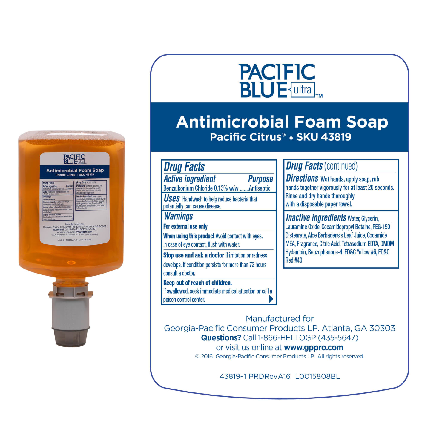 Pacific Blue Ultra by GP PRO Antimicrobial BZK Foam Hand Soap, Citrus, 4 Bottles Per Case - Image 4