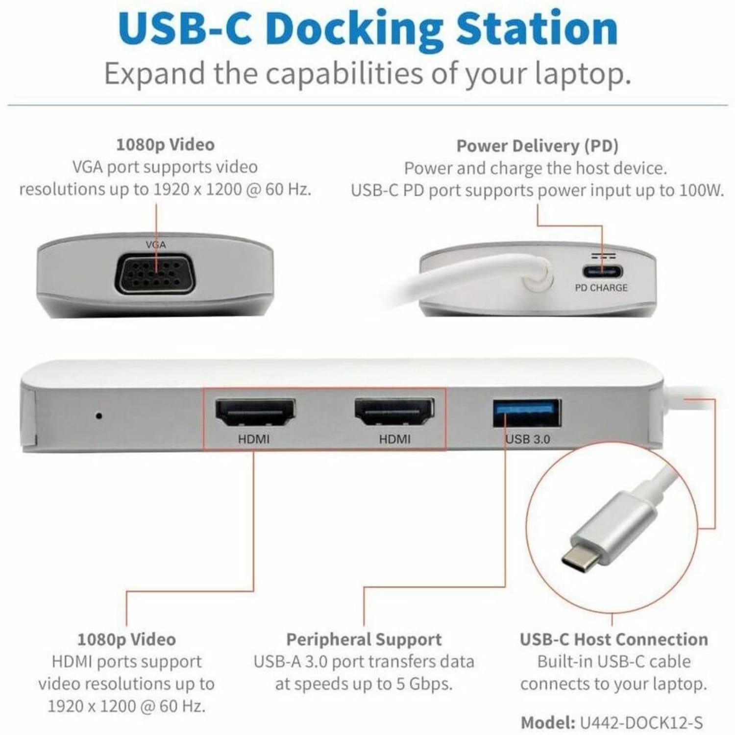 Tripp Lite USB C Docking Station w/ USB-A Hub, 2x HDMI, VGA, PD Charging 1080p @ 60 Hz, Silver USB Type C, US - U442DOCK12S - Image 3