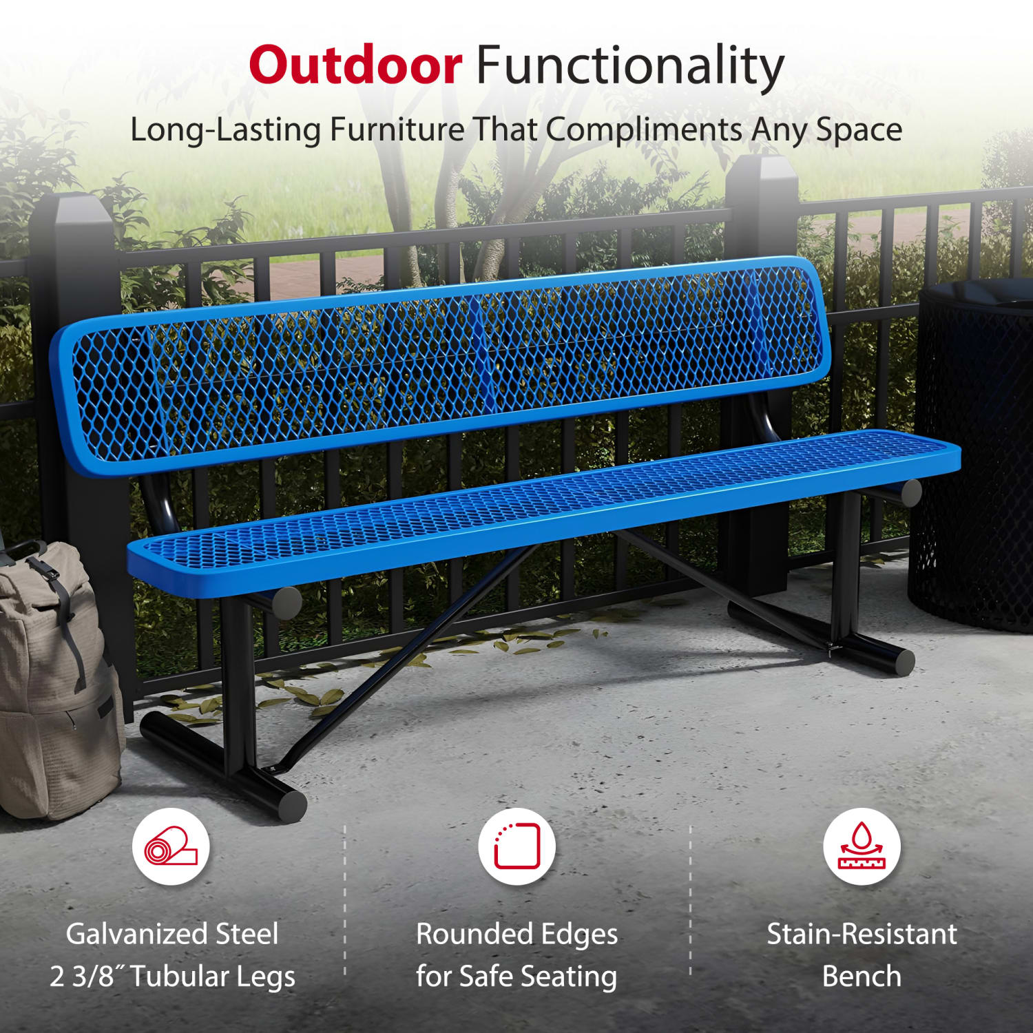 Leisure Craft Outdoor Bench With Back, 32-5/8inH x 72inW x 23-3/4inD, Black/Blue - Image 4