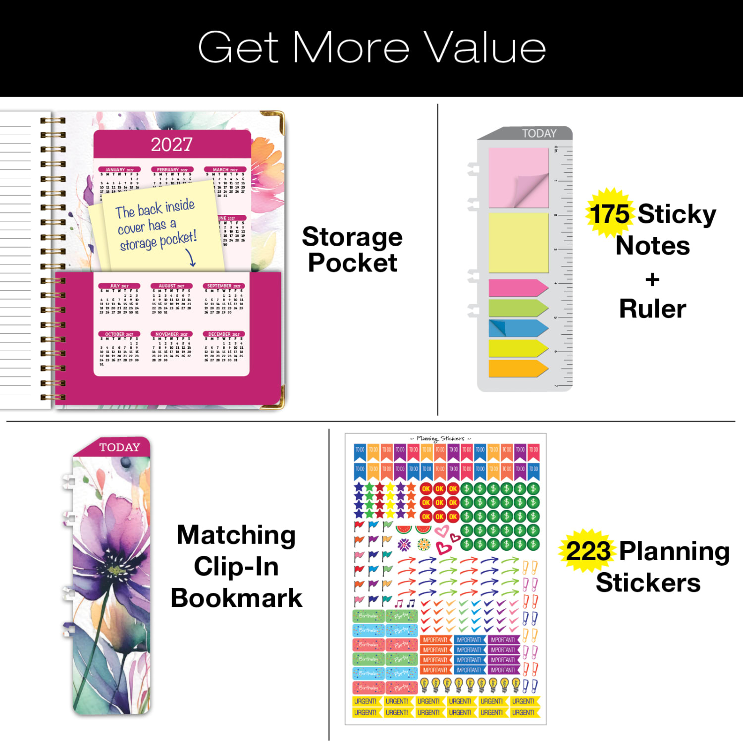 2026 Excello Brands Hardcover Fashion Daily/Weekly/Monthly Planner, 8.5in x 11in, Rainbow Floral November 2025 - December 2026, (FSHN-CY26-8511-53) - Image 3