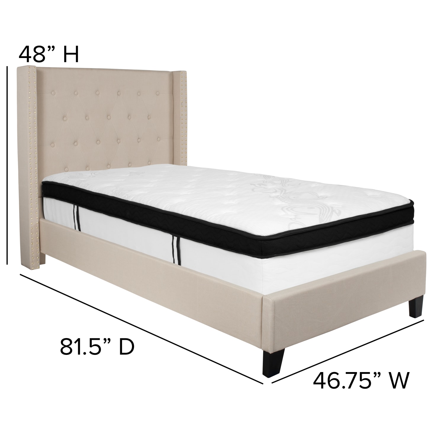Flash Furniture Riverdale Tufted Upholstered Platform Bed With Accent Nail Trimmed Extended Sides And Memory Foam Pocket Spring Mattress, Twin, Beige - Image 4