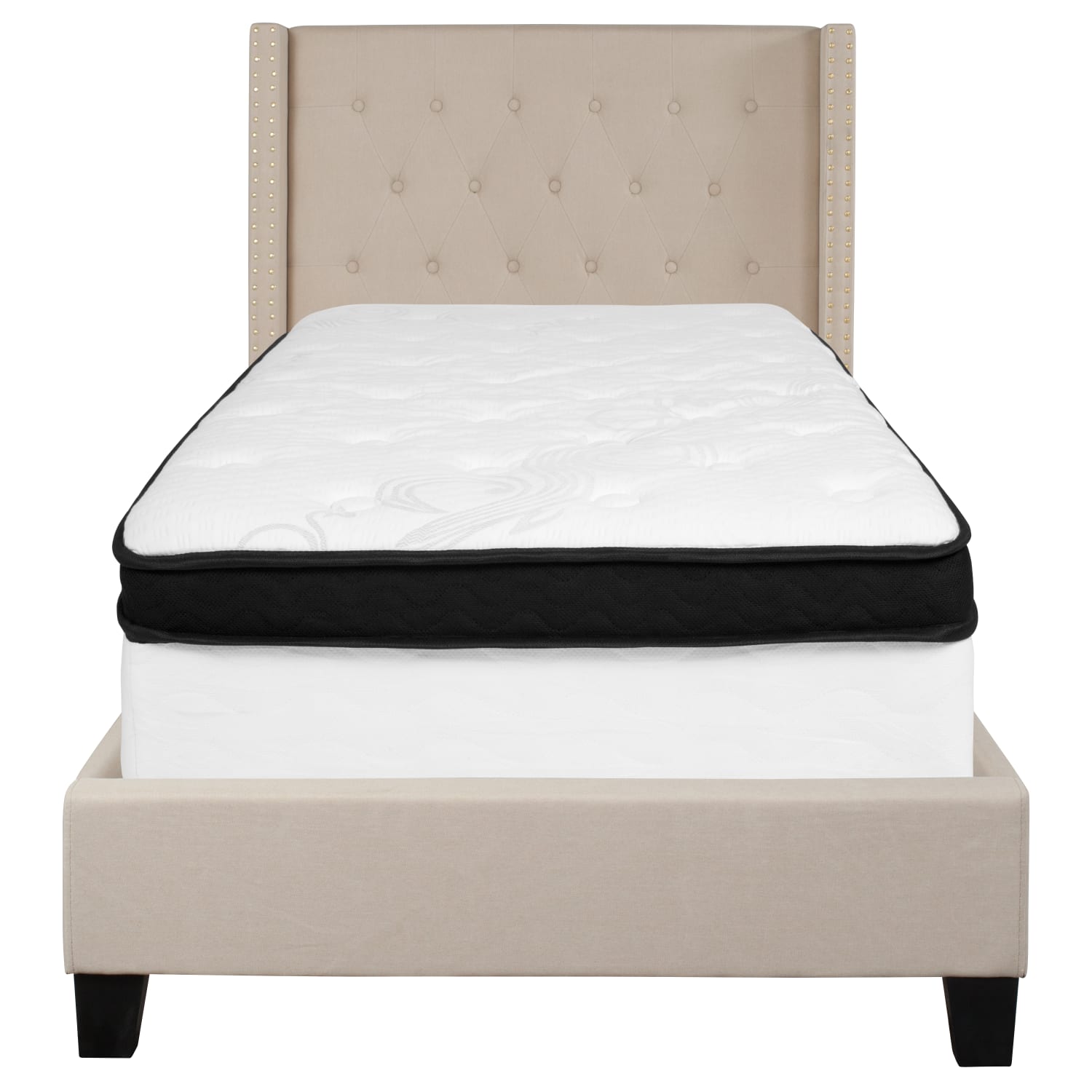 Flash Furniture Riverdale Tufted Upholstered Platform Bed With Accent Nail Trimmed Extended Sides And Memory Foam Pocket Spring Mattress, Twin, Beige - Image 5