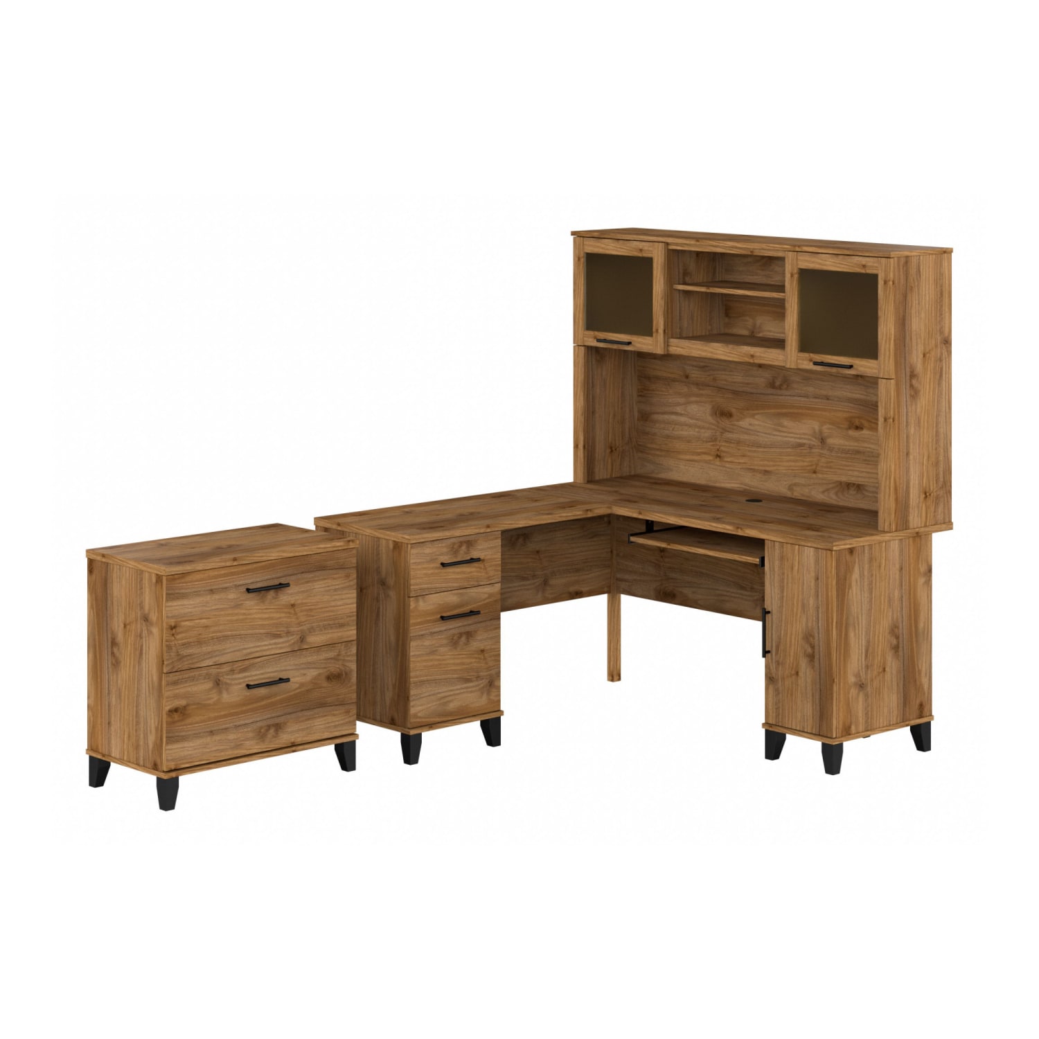 Bush Furniture Somerset 60inW L-Shaped Desk With Hutch And Lateral File Cabinet, Fresh Walnut, Standard Delivery