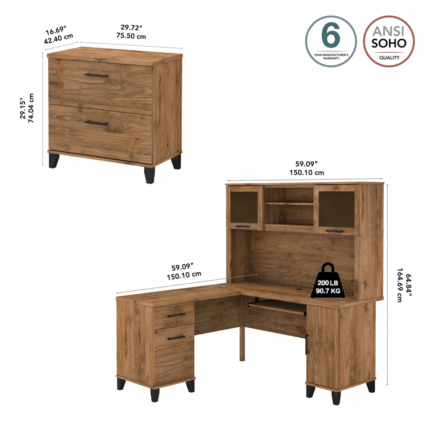 Bush Furniture Somerset 60inW L-Shaped Desk With Hutch And Lateral File Cabinet, Fresh Walnut, Standard Delivery - Image 5