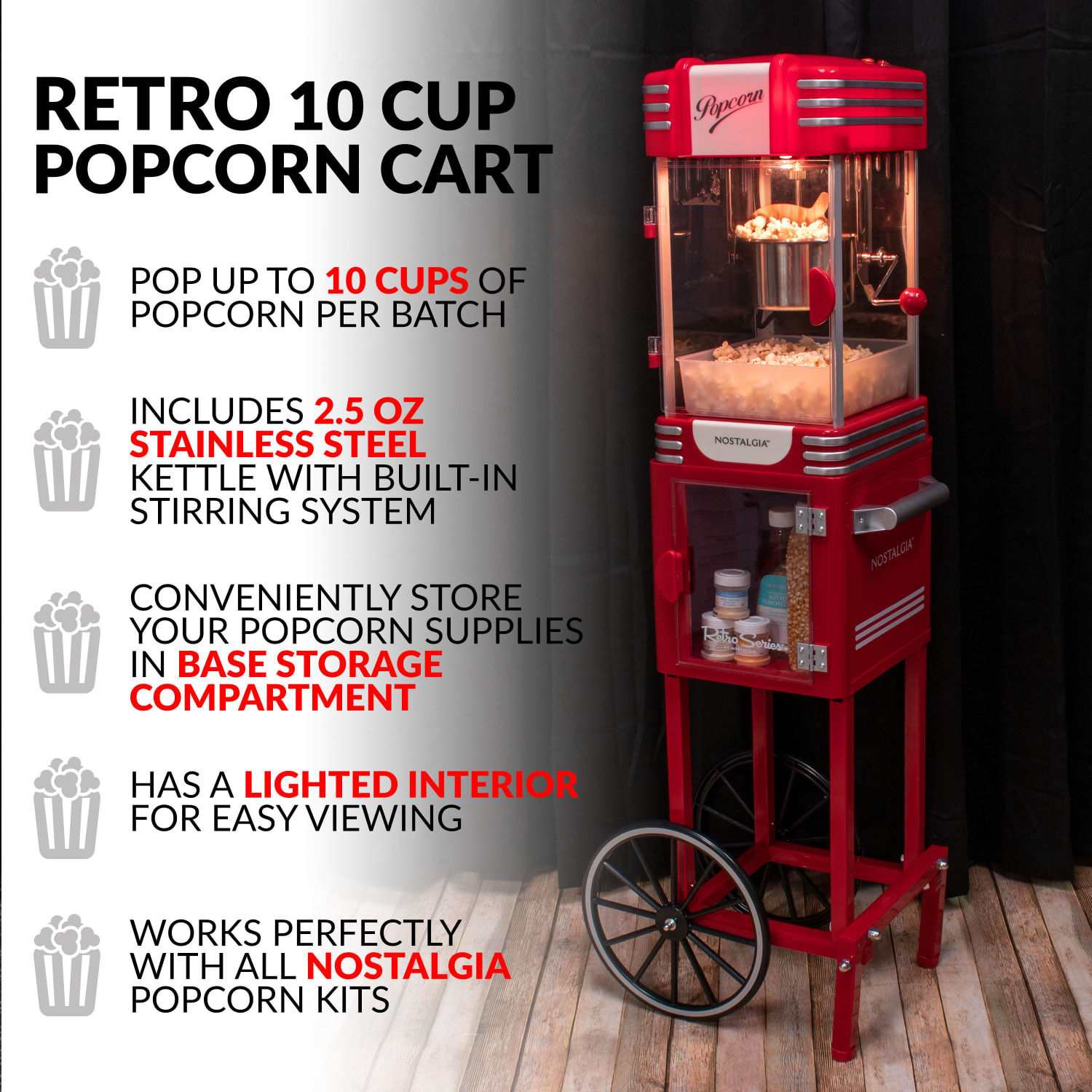 Nostalgia Electrics NRKPCRT25RR Retro Popcorn Cart, Red - Image 3