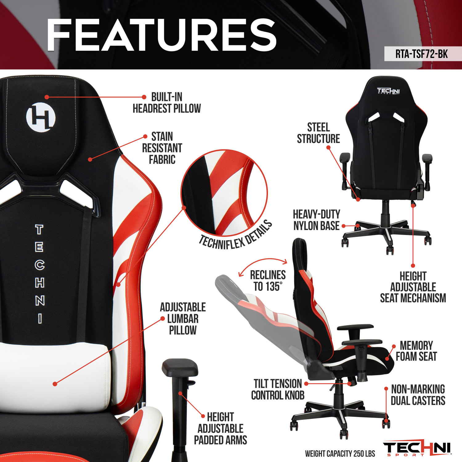 Techni Sport Echo 2.0 Ergonomic Fabric Computer Gaming Chair, Red/Black - Image 4