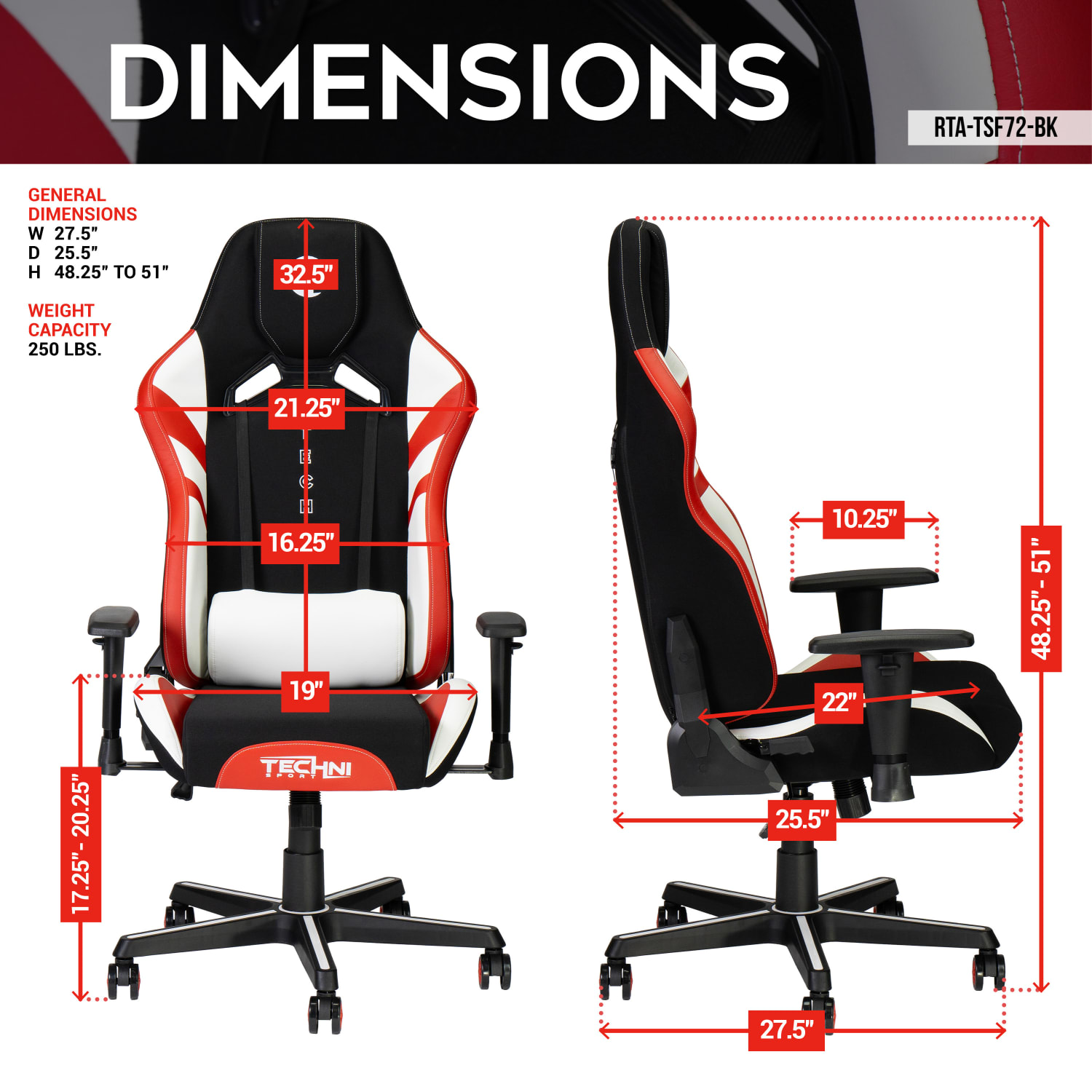 Techni Sport Echo 2.0 Ergonomic Fabric Computer Gaming Chair, Red/Black - Image 5