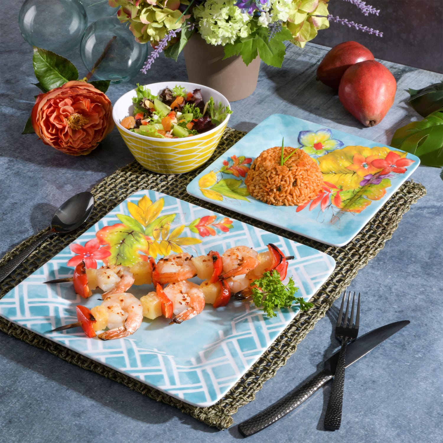 Gibson Laurie Gates Tropicalla 12-Piece Square Melamine Dinnerware Set, Blue - Image 3
