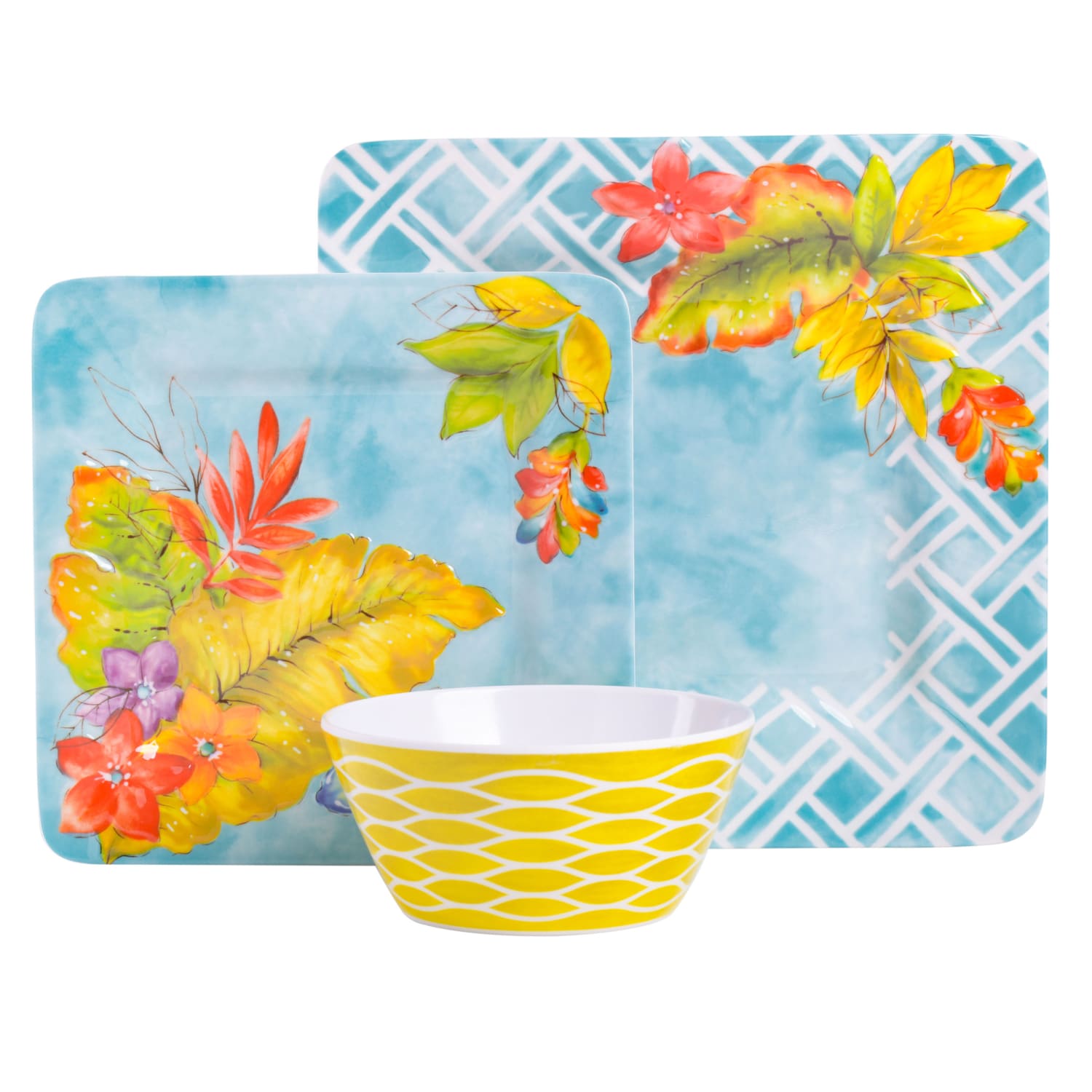Gibson Laurie Gates Tropicalla 12-Piece Square Melamine Dinnerware Set, Blue - Image 6