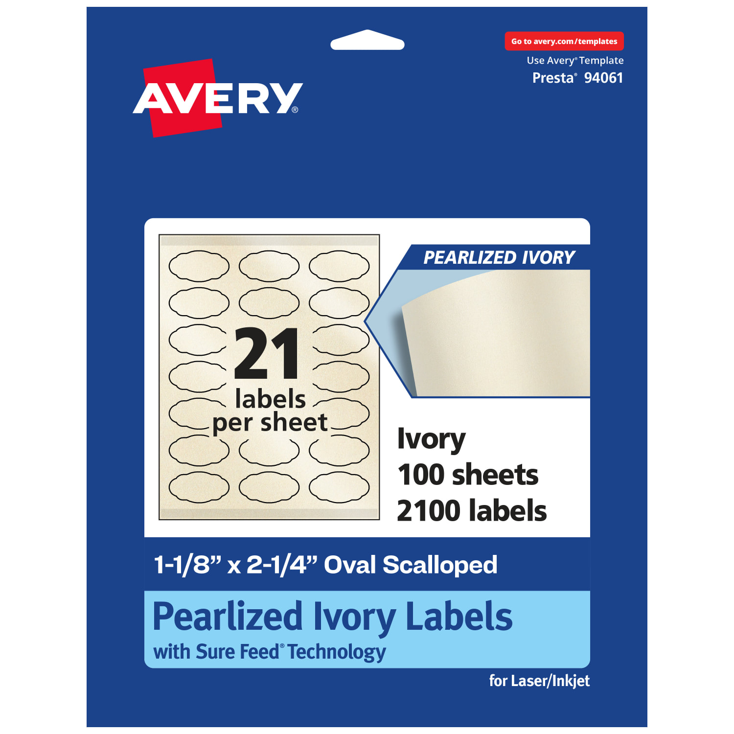 Avery Pearlized Permanent Labels With Sure Feed, 94061-PIP100, Oval Scalloped, 1-1/8in x 2-1/4in, Ivory, Pack Of 2,100 Labels