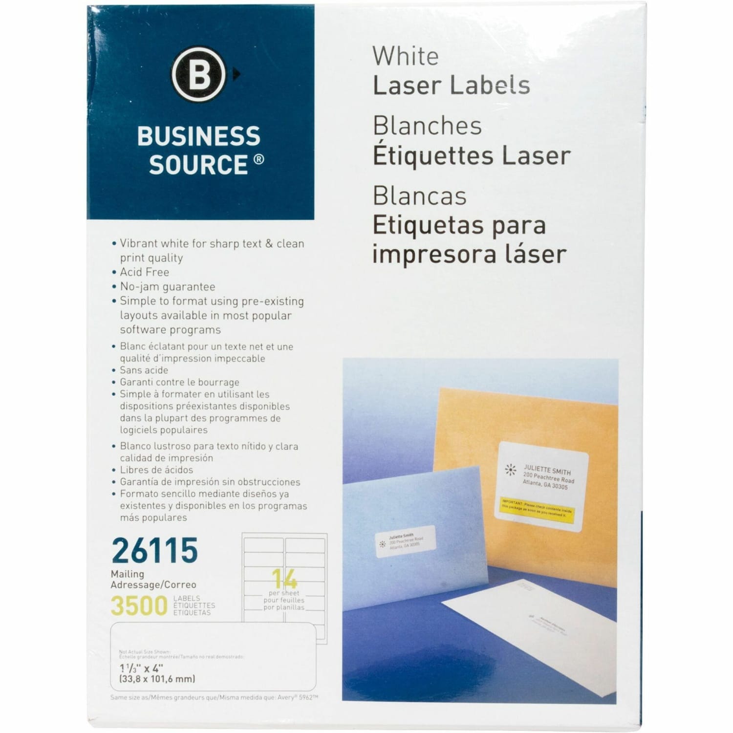 Business Source Bright White Premium-quality Address Labels - 1 1/3inx 4in - Permanent Adhesive - Rectangle - 26115