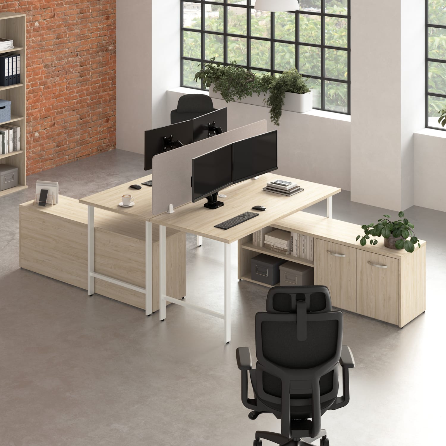 Bush Business Furniture Hustle 2 Person Computer Desk with Low Storage Cabinets, Power Grommets, and Privacy Screen, Natural Elm,   - HUS015NE