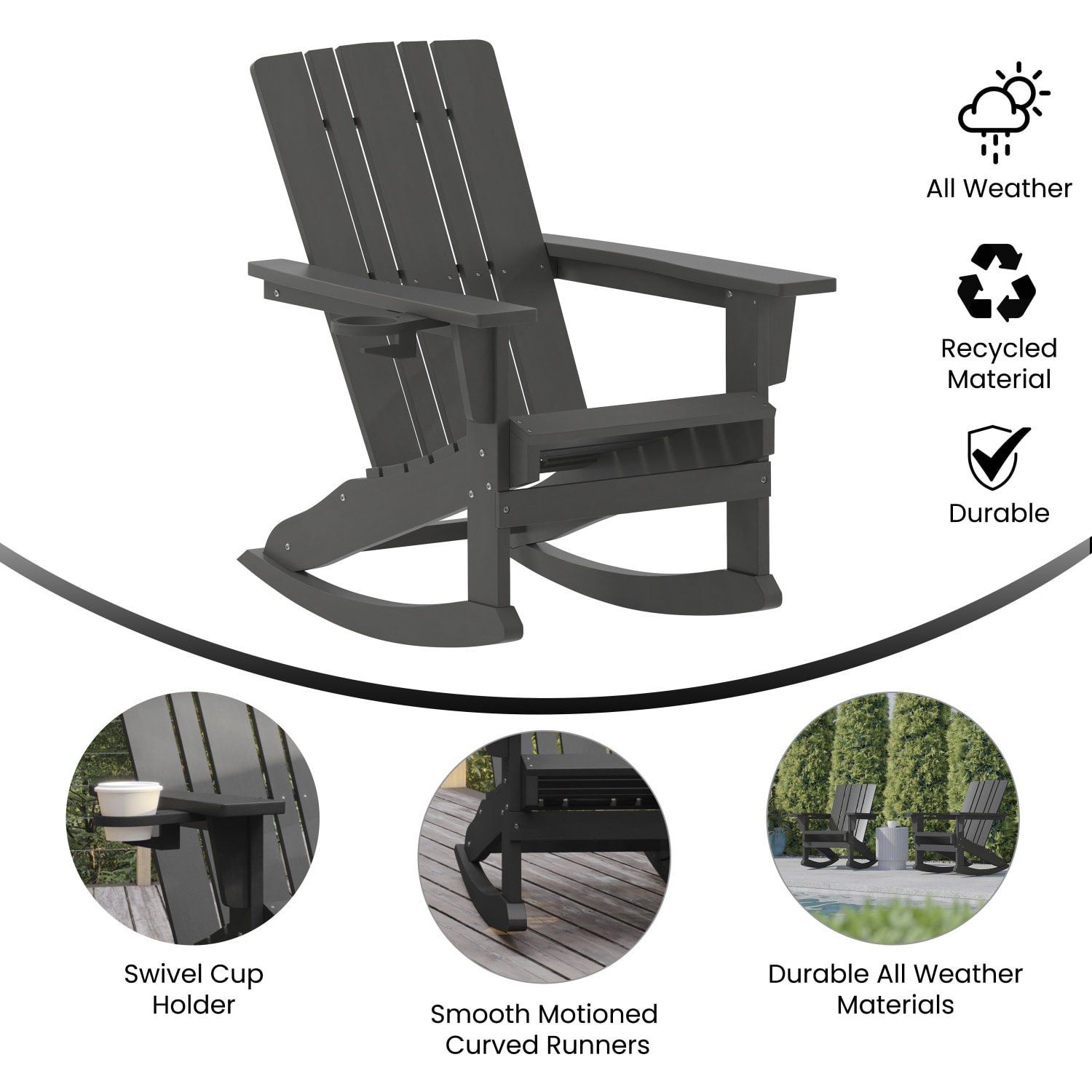 Flash Furniture Halifax All-Weather Adirondack Chair with Cup Holder and Pull-Out Ottoman, Gray - Image 5