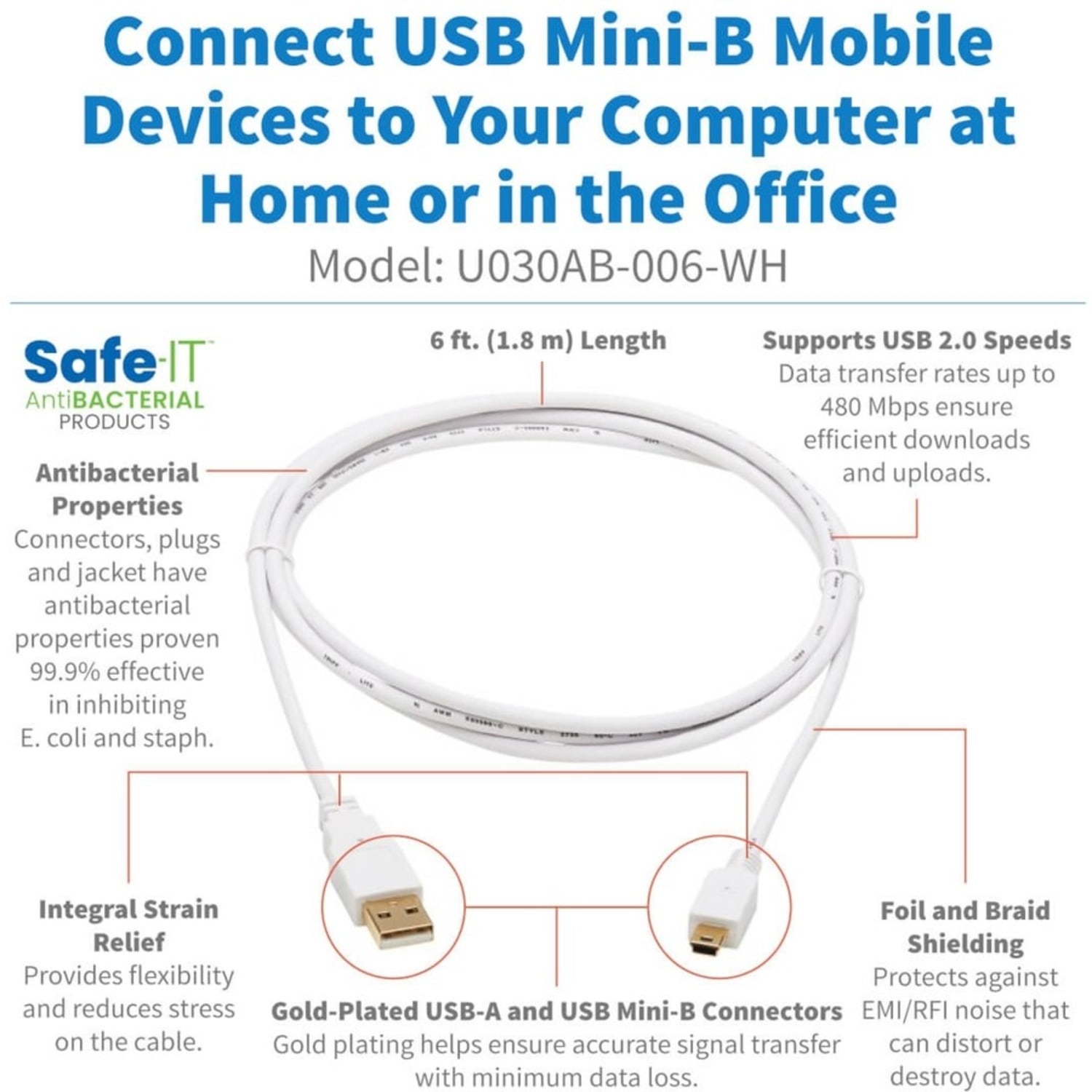 Tripp Lite Safe-IT USB-A to USB Mini-B Antibacterial Cable M/M, USB 2.0, White, 6 ft. - First End: 1x Type A Male USB - U030AB006WH - Image 4