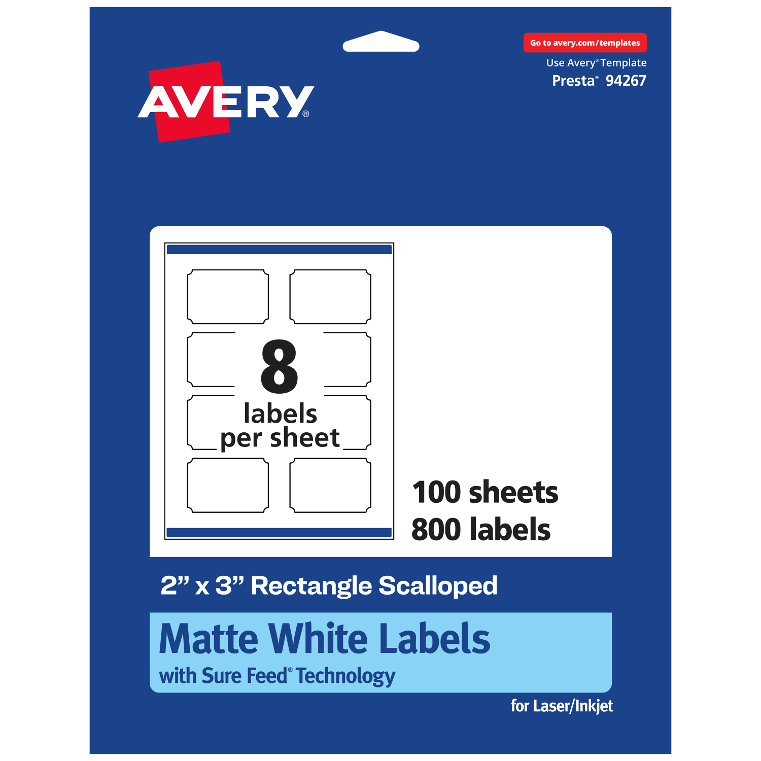 Avery Permanent Labels With Sure Feed, 94267-WMP100, Rectangle Scalloped, 2in x 3in, White, Pack Of 800