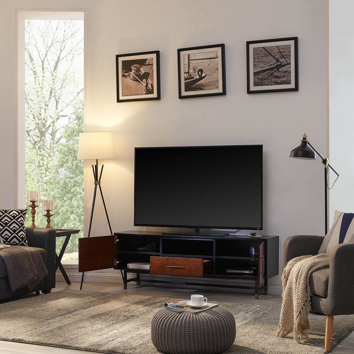 SEI Furniture Blynn Media Console For 61inW Flat-Screen TVs, 22inH x 63inW x 15inD, Black/Whiskey Maple - Image 6