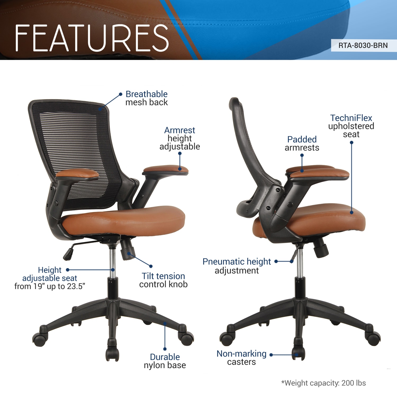 Techni Mobili Ergonomic Mesh Mid-Back Task Chair, Brown - Image 4