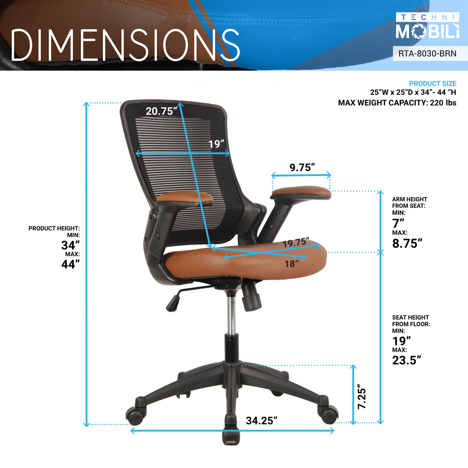 Techni Mobili Ergonomic Mesh Mid-Back Task Chair, Brown - Image 5