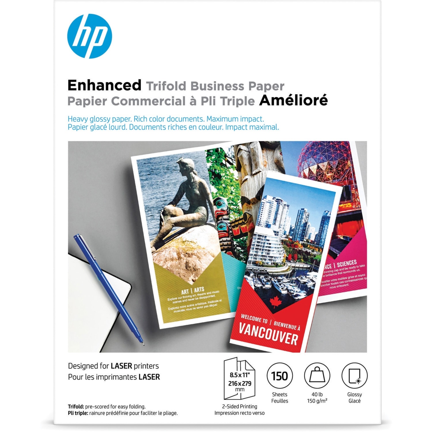 HP Laser Tri-Fold Brochure Paper, Letter Size (8 1/2in x 11in), Ream Of 150 Sheets, 40 Lb
