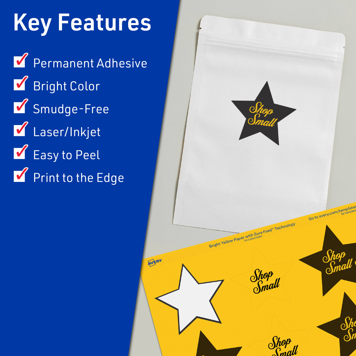 Avery Print-To-The-Edge Labels With Sure Feed Technology, 94611-BYP20, Star, 2-1/4in x 2-3/8in, Matte Bright Yellow, Pack of 240 - Image 3