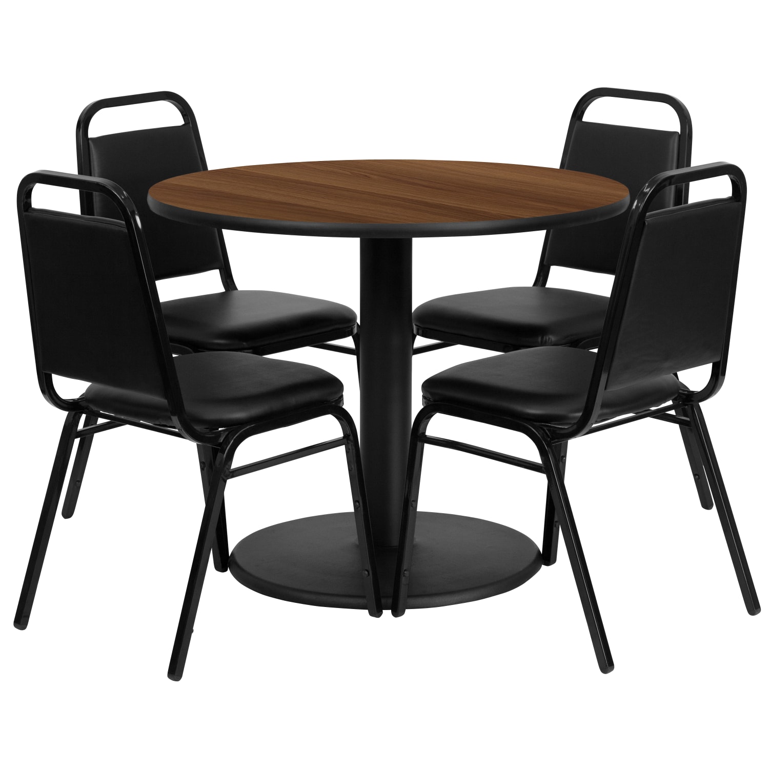Flash Furniture Round Laminate Table Set With Round Base And 4 Trapezoidal-Back Banquet Chairs, 30inH x 36inW x 36inD, Walnut/Black - Image 3