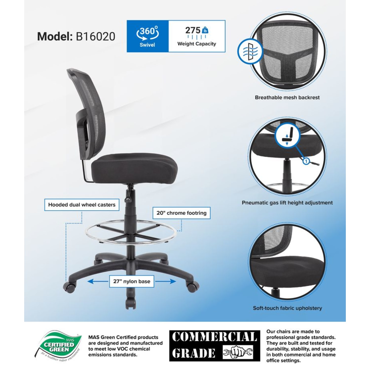 Boss Office Products Contract Mesh Armless Drafting Stool With Back, Black - Image 6