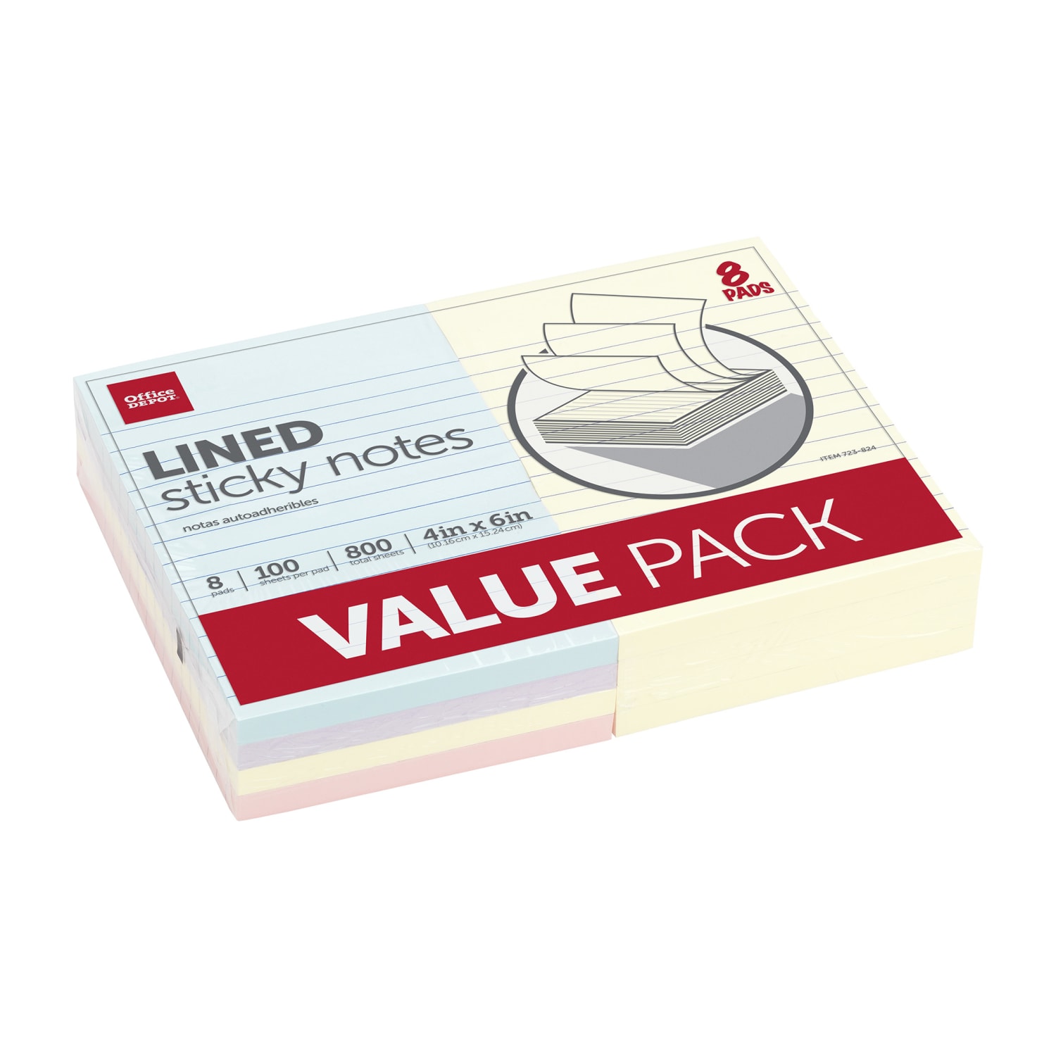 Office Depot Brand Lined Sticky Notes, 4 in x 6 in, Assorted Pastel Colors, 100 Sheets Per Pad, Pack Of 8 - Image 3