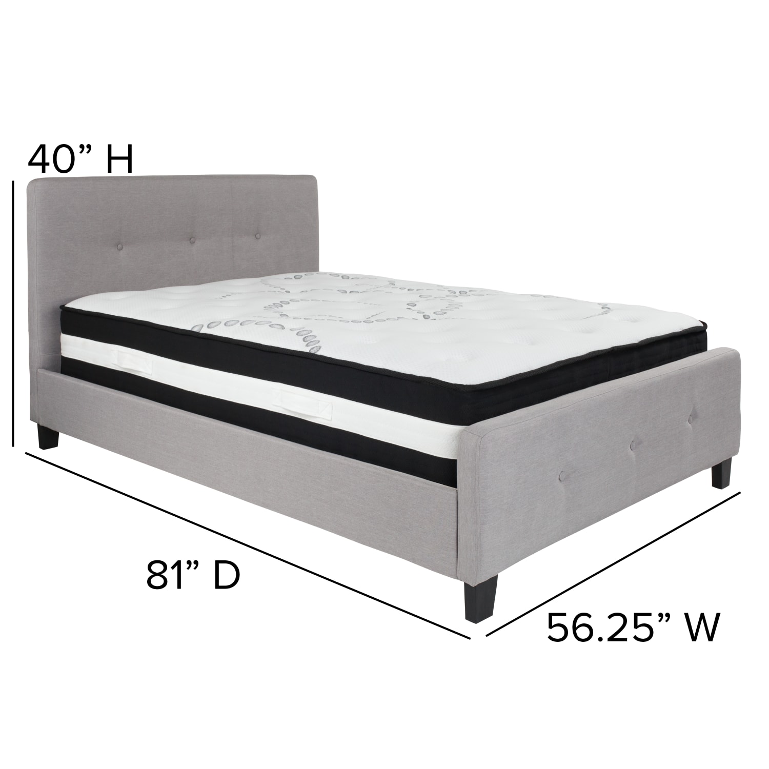 Flash Furniture Tribeca Button Tufted Upholstered Platform Bed with Pocket Spring Mattress, Full, 40inH x 56-1/4inW x 81inL, Light Gray - Image 5