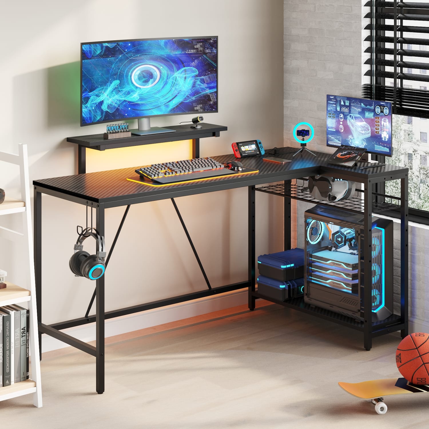 Bestier L-Shaped Gaming Computer Desk With Power Outlet, LED Lights & Headset Hooks, 59inW, Carbon Fiber Black - Image 6