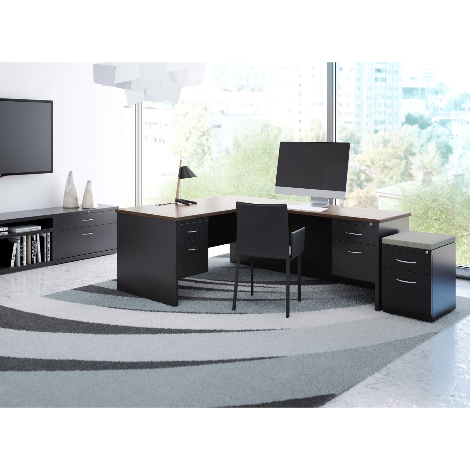 WorkPro Modular 66inW Left-Pedestal Computer Desk, Charcoal/Mahogany - Image 3