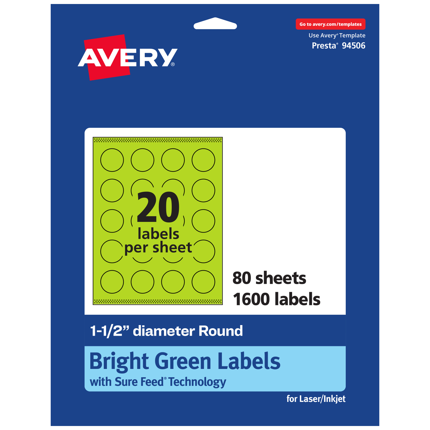 Avery Print-To-The-Edge Labels With Sure Feed Technology And Easy Peel Label Feature, 94506-BGP80, Round, 1-1/2in, Matte Bright Green, Pack of 1600