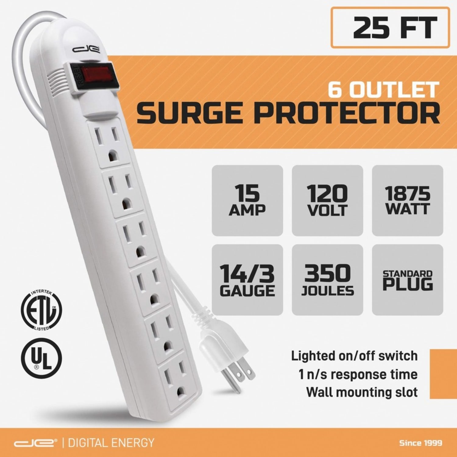 Digital Energy World 6-Outlet Surge Protector Power Strip with 25-Foot Cord (White) - 6 x AC Power - 1875 VA - 350 J - 120 V AC Input - 25 ft - Image 4