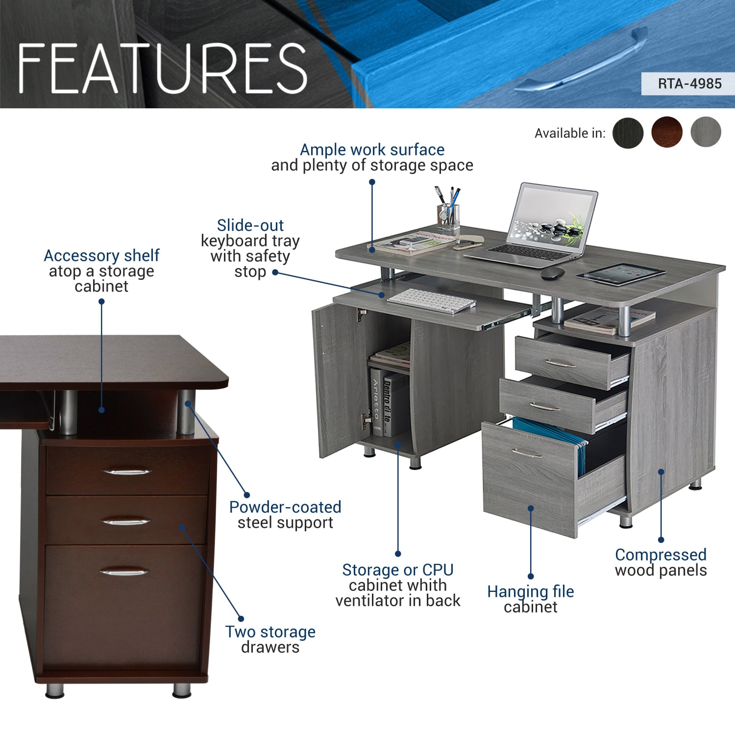 Techni Mobili Complete Workstation 48inW Computer Desk With Storage, Espresso Brown - Image 4