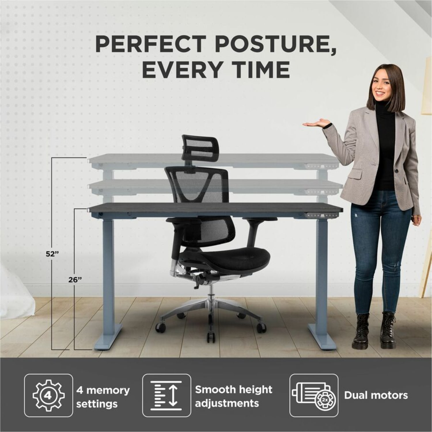 Rise Up Electric Standing Desk 60x30in Black Bamboo Desktop Dual Motors Adjustable Height Gray Frame (26-51.6in) with memory - Image 5