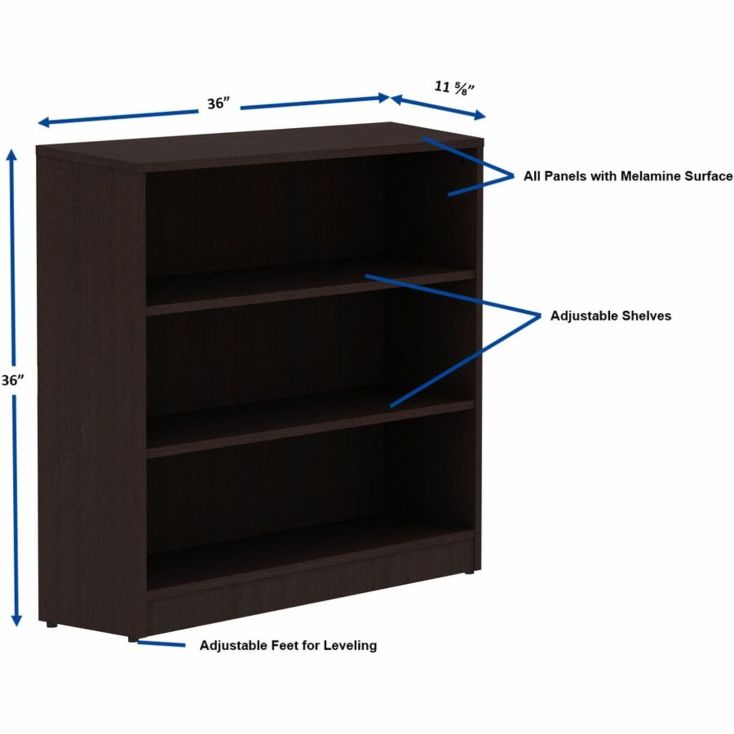 Lorell Essentials 3-Shelf Laminate Modular Shelving Bookcase,36inH x 36inW x 12inD, Espresso - Image 5