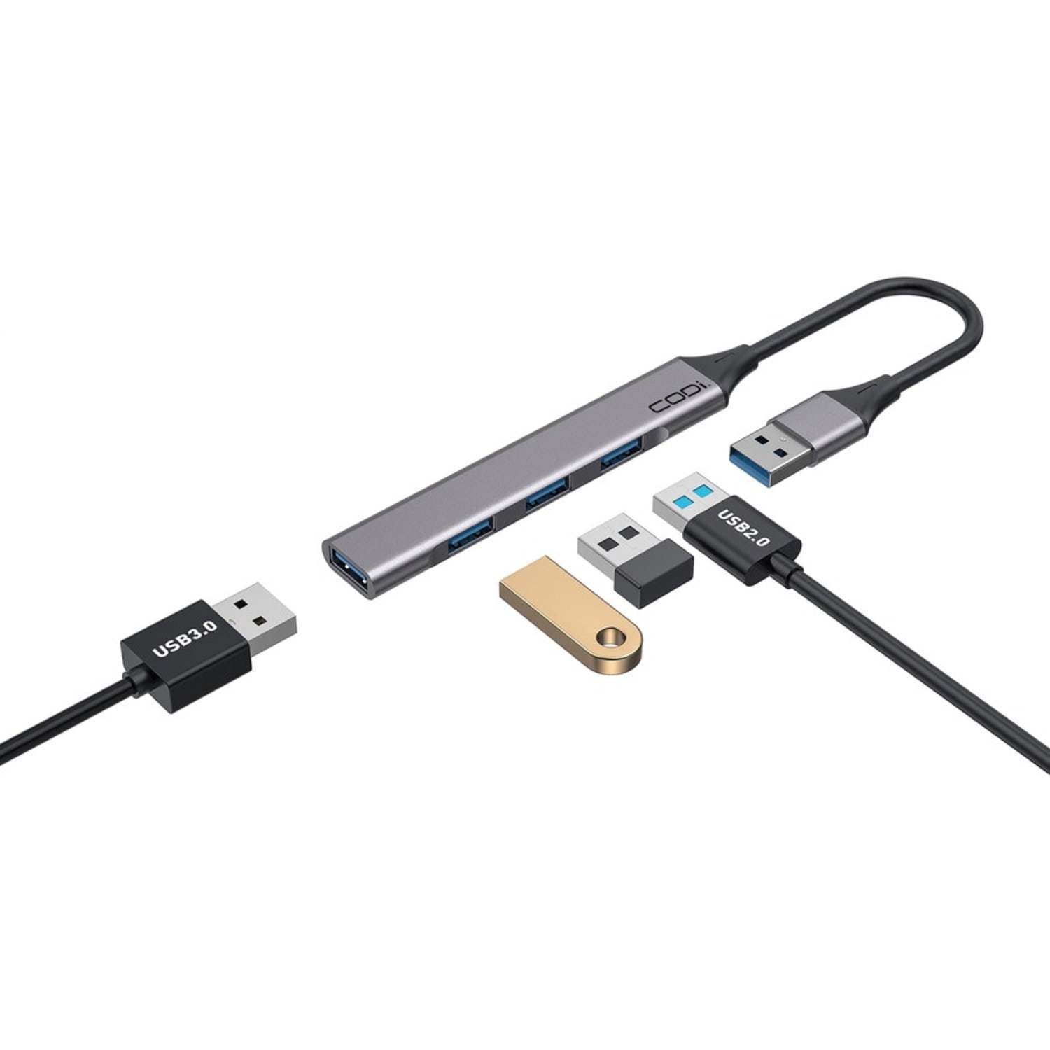 CODi USB-A 4-Port Hub - for Computer - USB Type A - 4 x USB Ports - 1 x USB 2.0 - 2 x USB 3.0 - Gray - Wired - Image 3