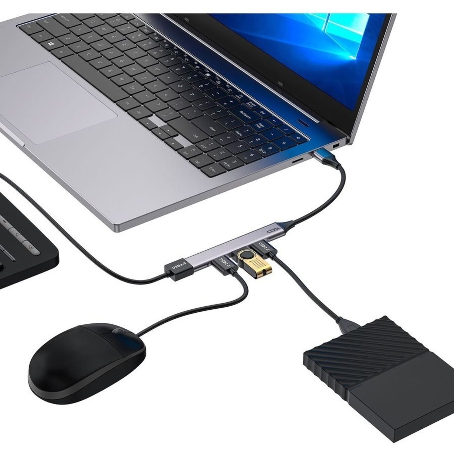 CODi USB-A 4-Port Hub - for Computer - USB Type A - 4 x USB Ports - 1 x USB 2.0 - 2 x USB 3.0 - Gray - Wired - Image 4