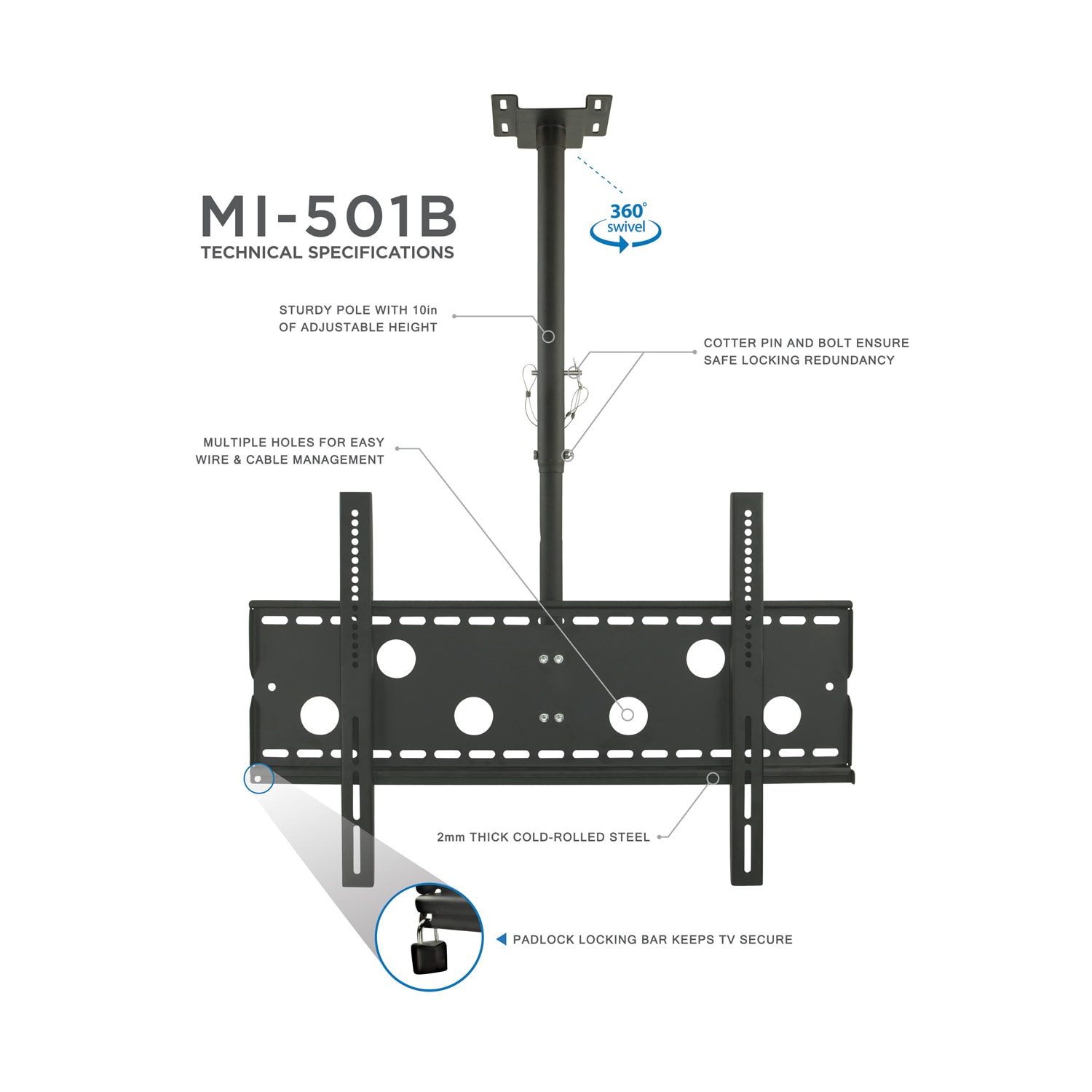 Mount-It! MI-501B Full-Motion TV Ceiling Mount For Screens 32 - 70in, 42inH x 32inW x 2-1/2inD, Black - Image 5