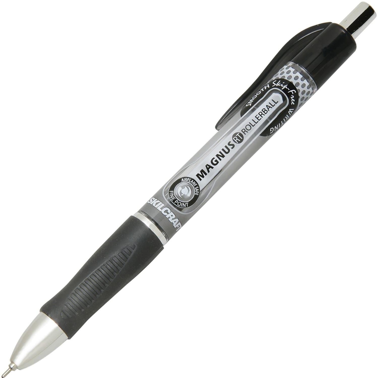 SKILCRAFT Magnus Retractable Rollerball Pens, Needle Point, 0.7 mm, Black Barrel, Black Ink, Pack Of 12 - Image 3
