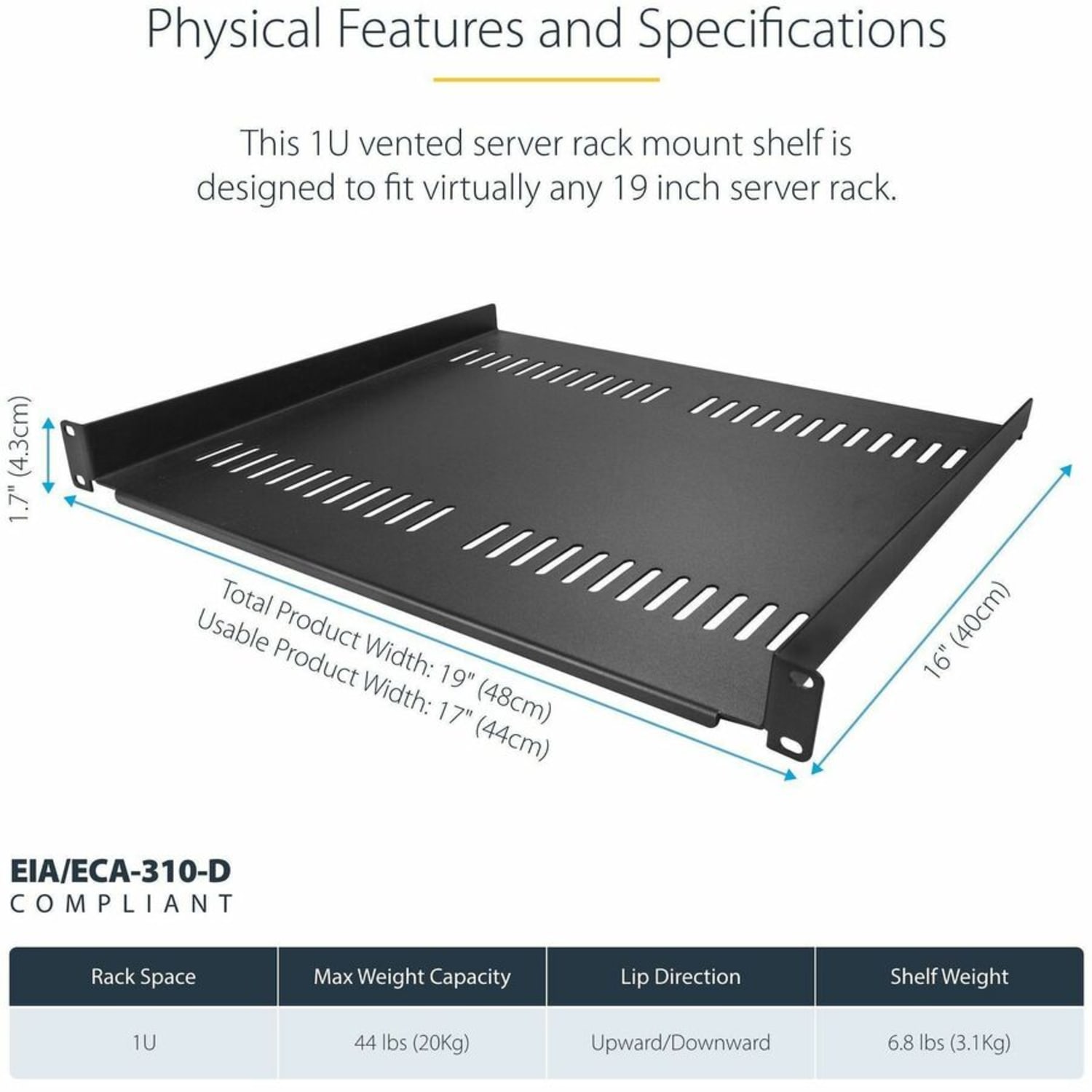 StarTech.com 1U Server Rack Cabinet Shelf - Fixed 16in Deep Cantilever Rackmount Tray  - CABSHELF116V2PK - Image 4