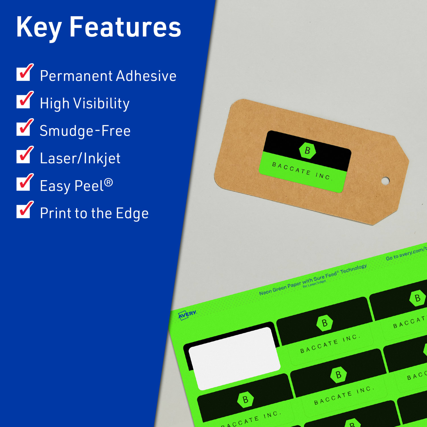 Avery Print-To-The-Edge Labels With Sure Feed Technology And Easy Peel, 94228-NGP10, Rectangle, 1-1/4in x 3-3/4in, Matte Neon Green, Pack of 120 - Image 3