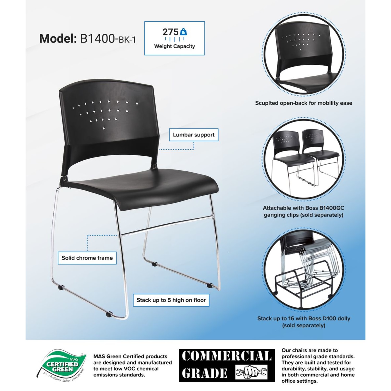 Boss Office Products Poly Stackable Chrome Chair BlackSilver PopularChairscom