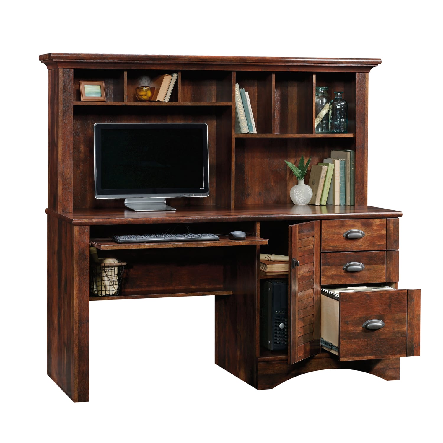 Sauder Harbor View 63inW Computer Desk With Hutch, Curado Cherry - Image 3