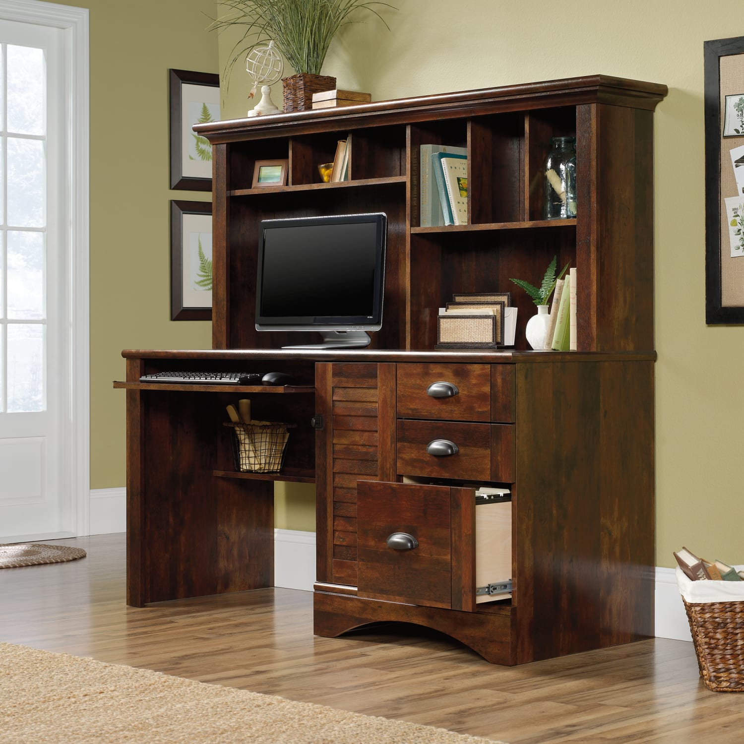 Sauder Harbor View 63inW Computer Desk With Hutch, Curado Cherry - Image 5