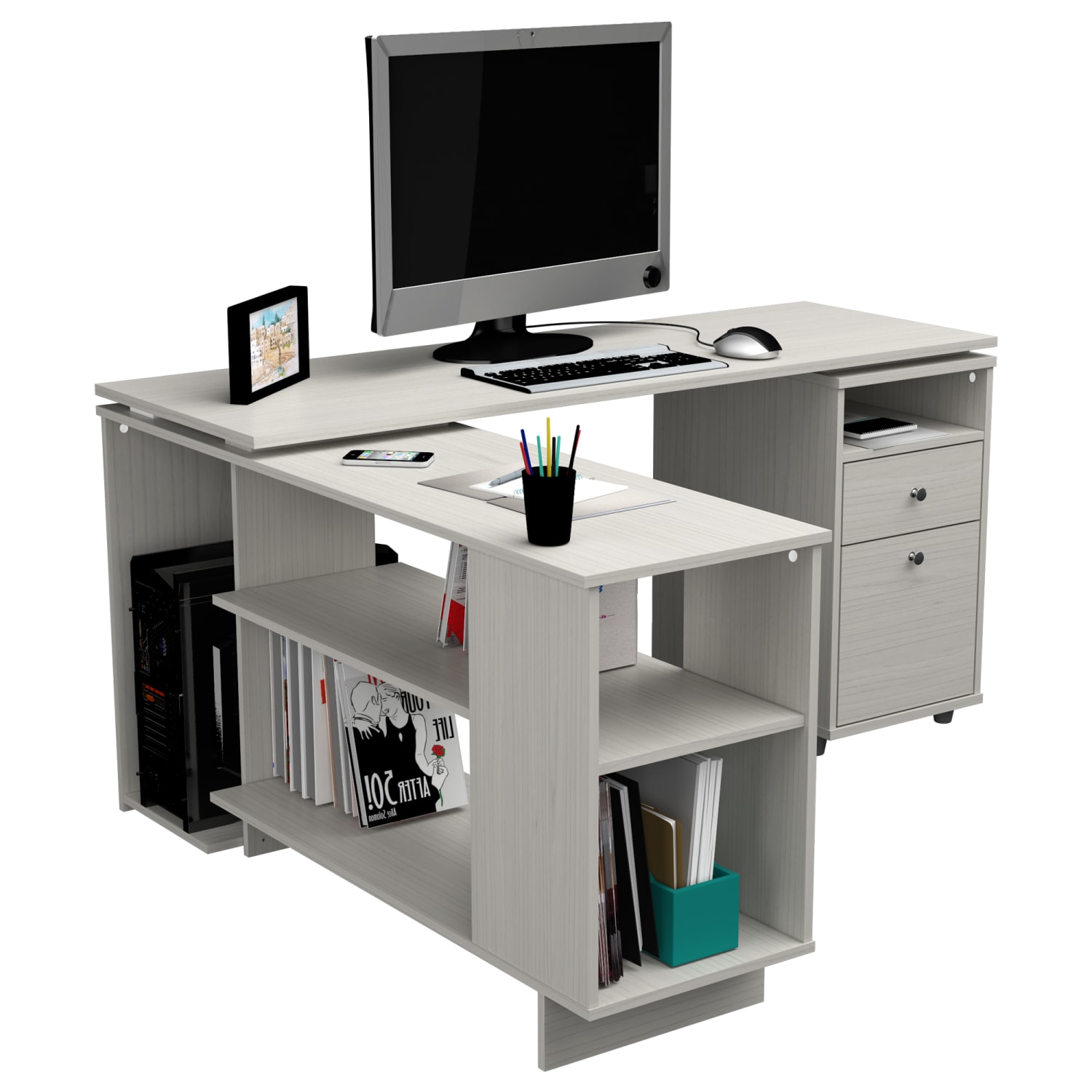 Inval America 54inW L-Shaped Corner Desk, Washed Oak - Image 6