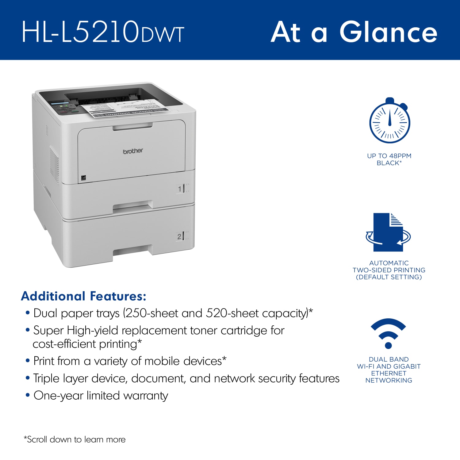 Brother HL-L5210DWT Business Wireless Laser Monochrome Printer With Dual Paper Trays And Duplex Printing - Image 4